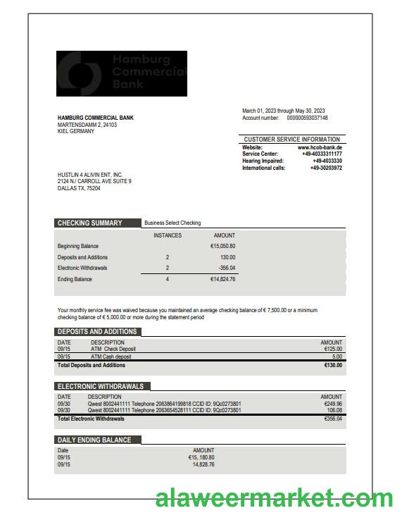 Hamburg Commercial Bank enterprise account statement Word and PDF template